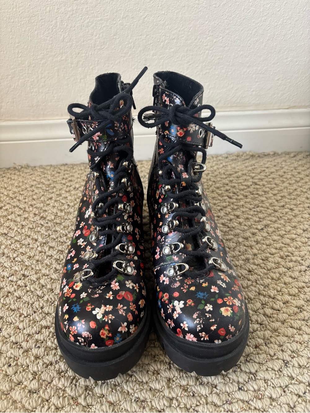 Jeffrey Campbell Black Floral Lace-Up Combat Boots